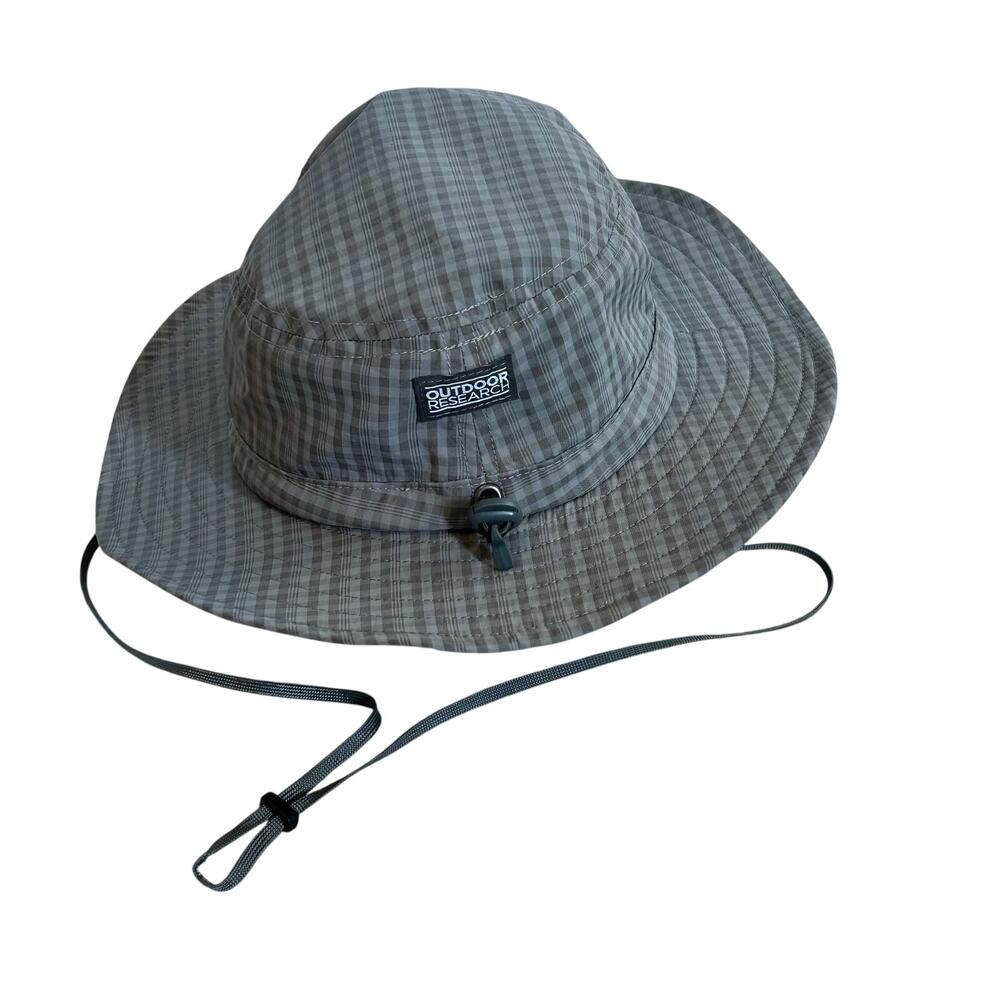 OR Outdoor Research Bucket Sun Hat Gray Checkered Plaid Medium 3-6 Youth Granola